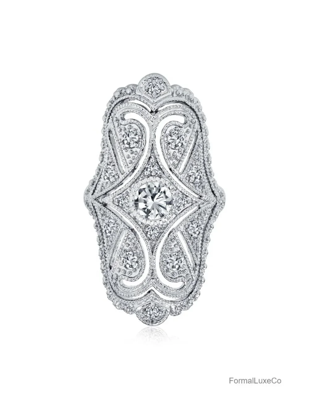 Art Deco CZ Wide Armor Full Finger Statement Ring Rhodium
